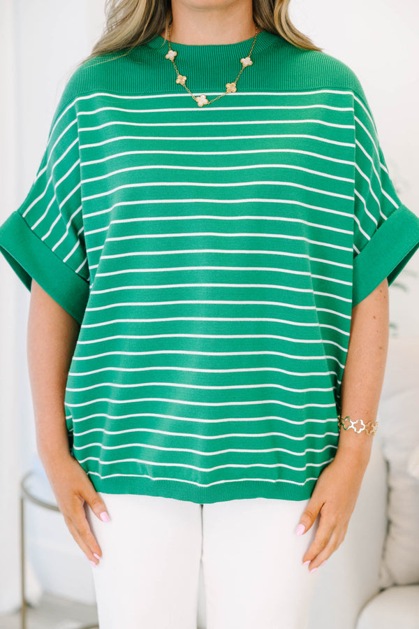 Chic Soul plus size clothing, kelly green short sleeve knit top with thin white stripes 