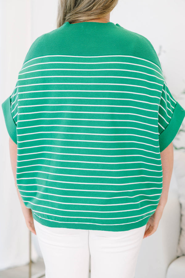 Chic Soul plus size clothing, kelly green short sleeve knit top with thin white stripes 
