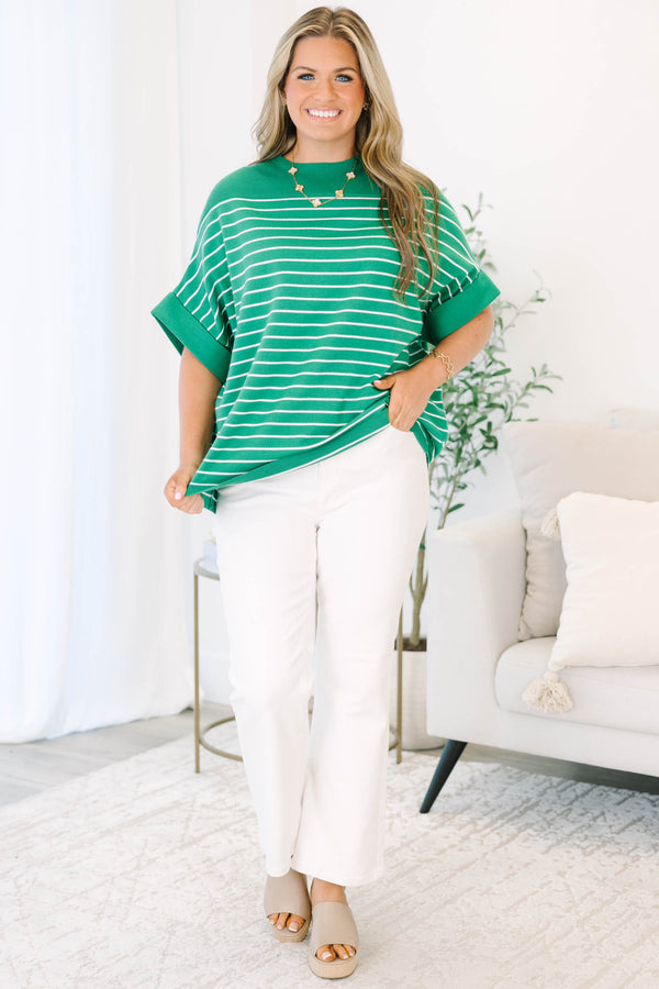 Chic Soul plus size clothing, kelly green short sleeve knit top with thin white stripes 