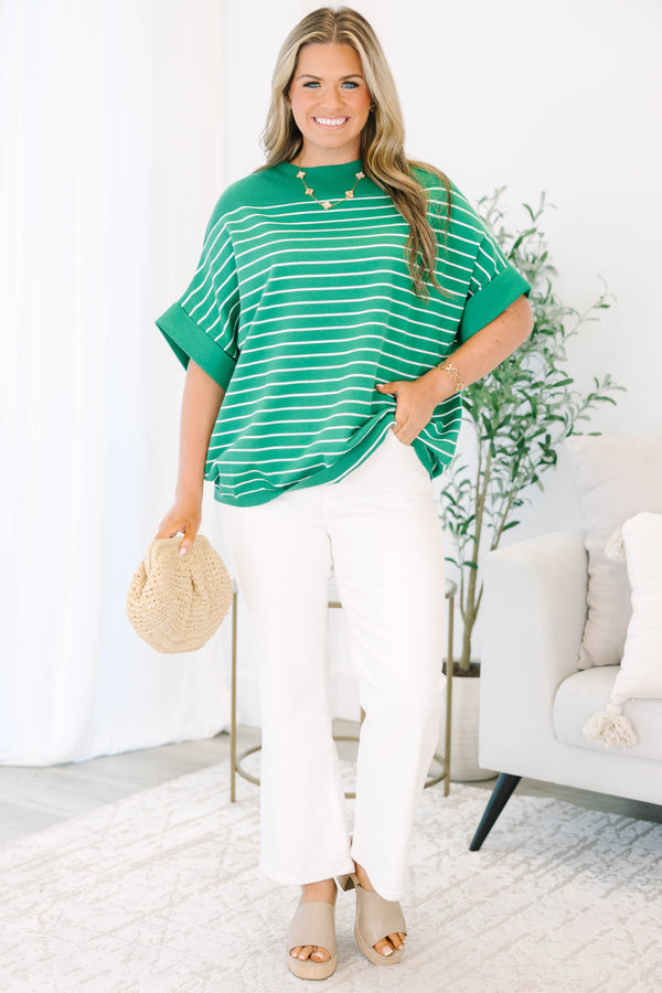 Chic Soul plus size clothing, kelly green short sleeve knit top with thin white stripes 