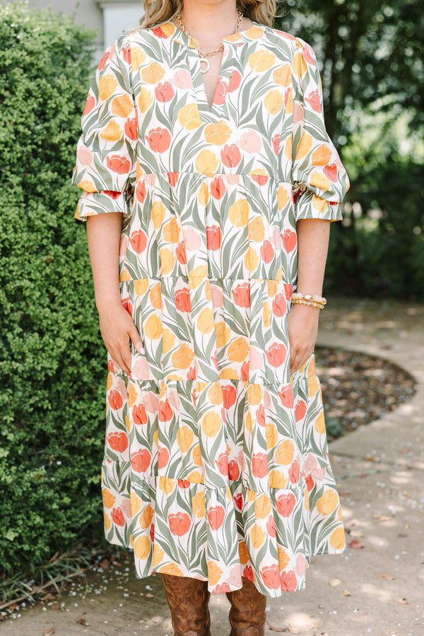 Plus Size taupe floral tiered midi dress with a V-neckline, puff sleeves, and a tulip print.