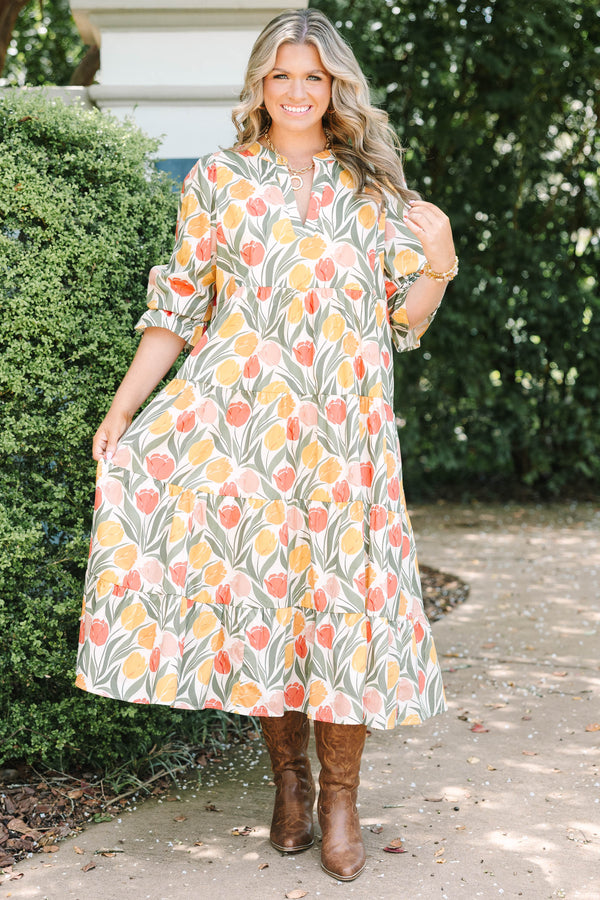 Plus Size taupe floral tiered midi dress with a V-neckline, puff sleeves, and a tulip print.