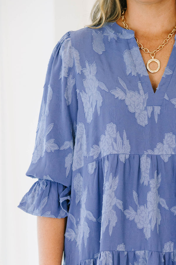 Plus Size twilight blue floral jacquard midi dress with split v-neck and smocked ruffle sleeves.