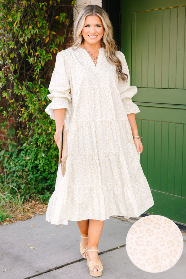 Chic Soul plus size clothing, light ivory and beige leopard print 3/4 puff sleeve tiered midi dress with cinched sleeves and v neck cut out