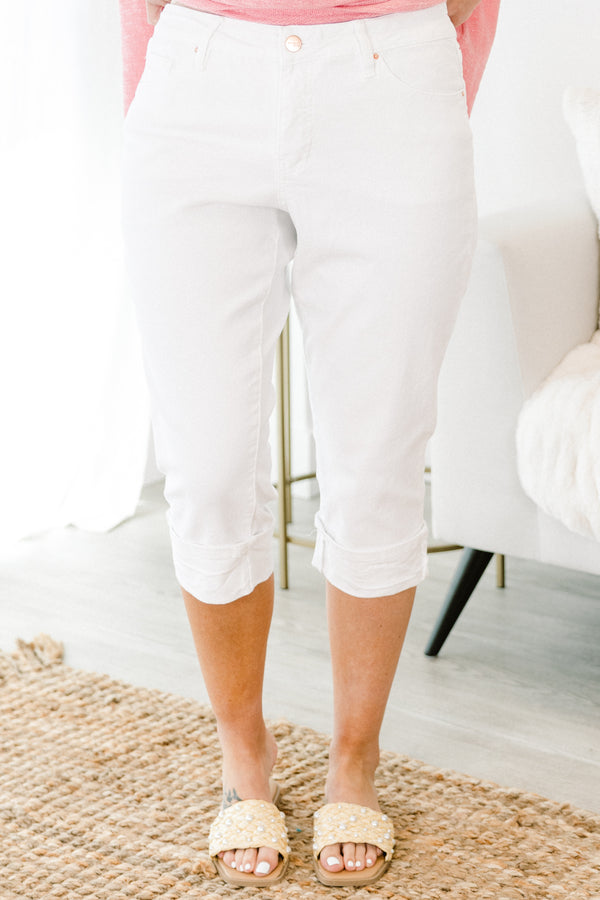 Chic Soul plus size clothing, mid-waisted white capris denim jeans with a gold button detailing and a cuffed bottom 