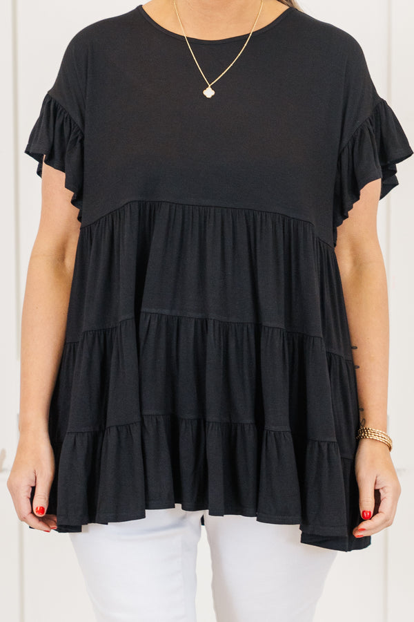 Chic Soul plus size clothing, top, basic, babydoll top, black, solid, short sleeve 