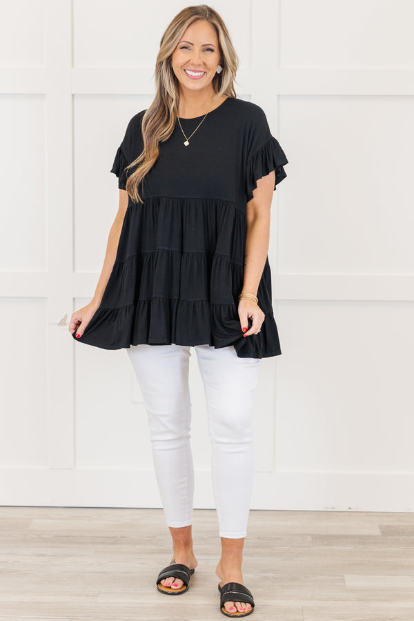 Chic Soul plus size clothing, top, basic, babydoll top, black, solid, short sleeve 