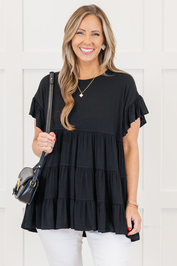 Chic Soul plus size clothing, top, basic, babydoll top, black, solid, short sleeve 
