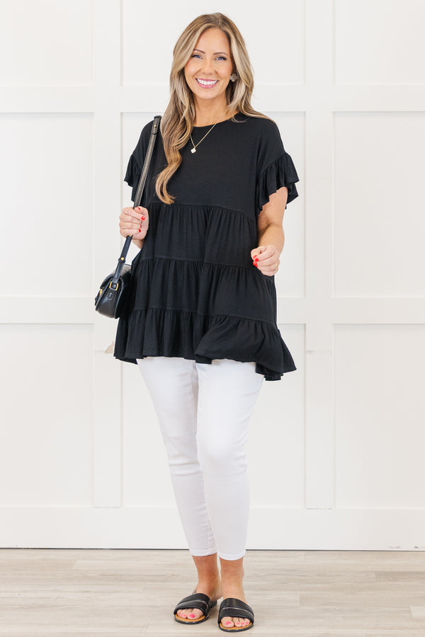 Chic Soul plus size clothing, top, basic, babydoll top, black, solid, short sleeve 