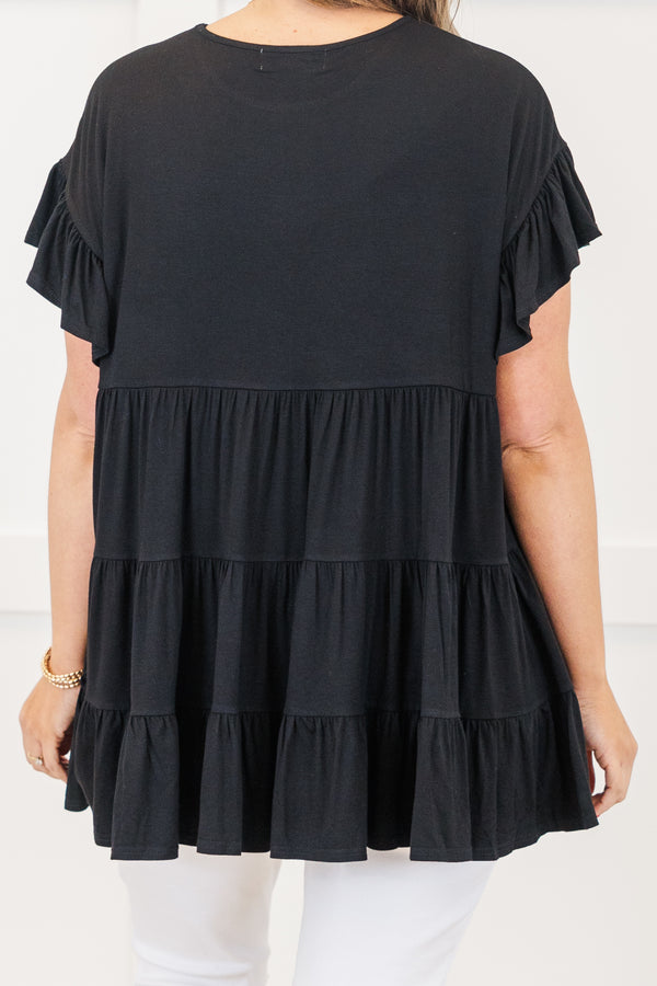 Chic Soul plus size clothing, top, basic, babydoll top, black, solid, short sleeve 