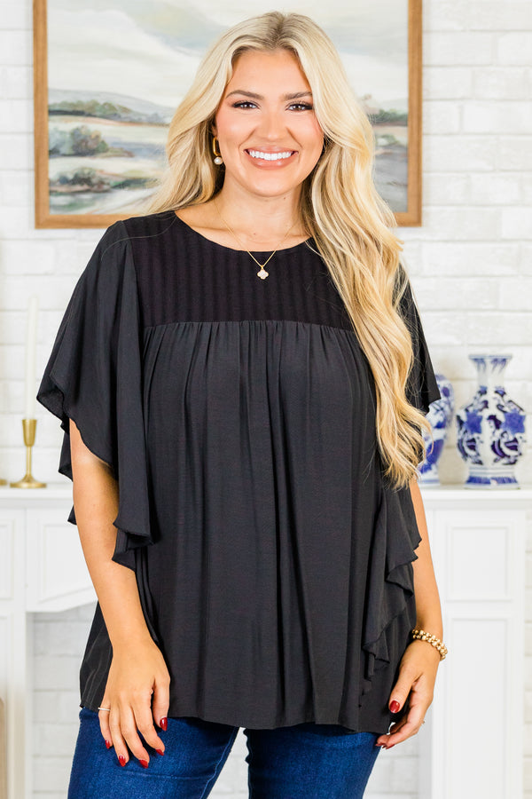 Chic Soul plus size clothing, black flowy short flutter sleeve top