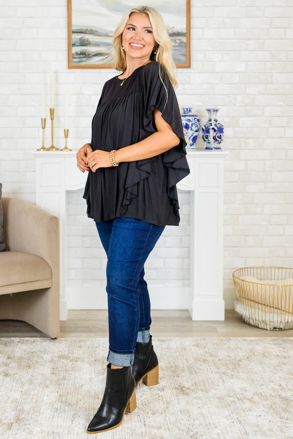 Chic Soul plus size clothing, black flowy short flutter sleeve top