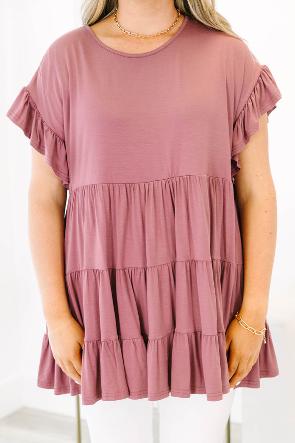 Plus size clothing, mauve babydoll tiered tunic top