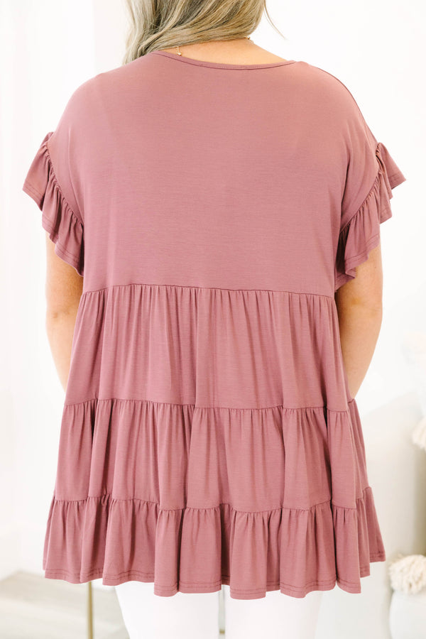 Plus size clothing, mauve babydoll tiered tunic top