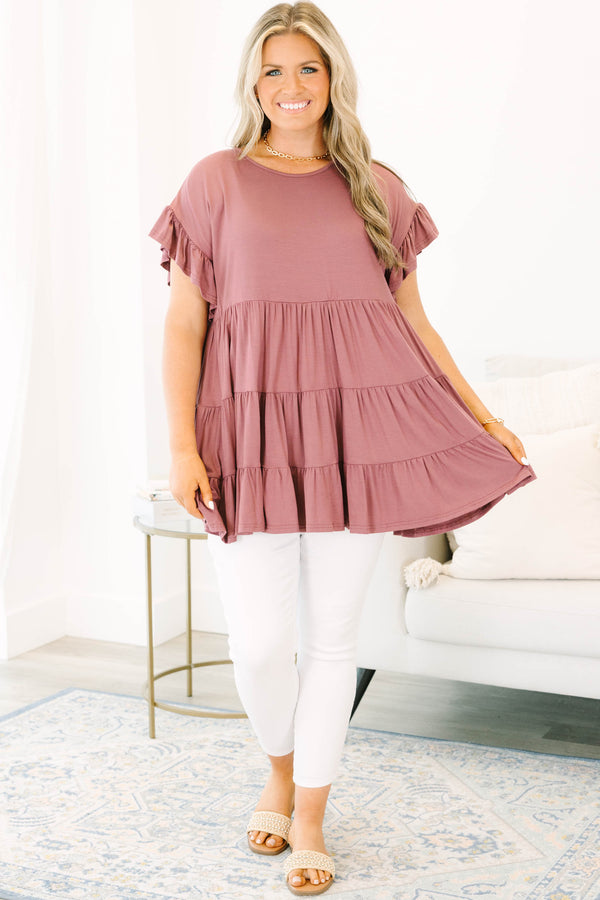 Plus size clothing, mauve babydoll tiered tunic top