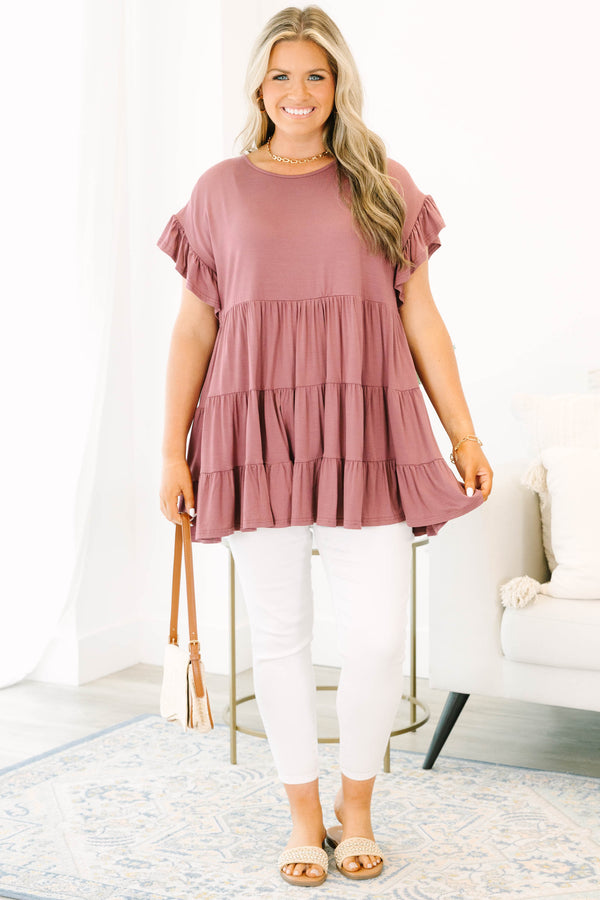 Plus size clothing, mauve babydoll tiered tunic top