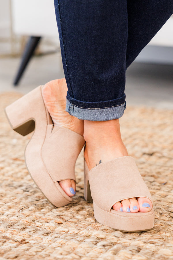 Chic Soul plus size clothing, taupe platform block heels with thick strap on top