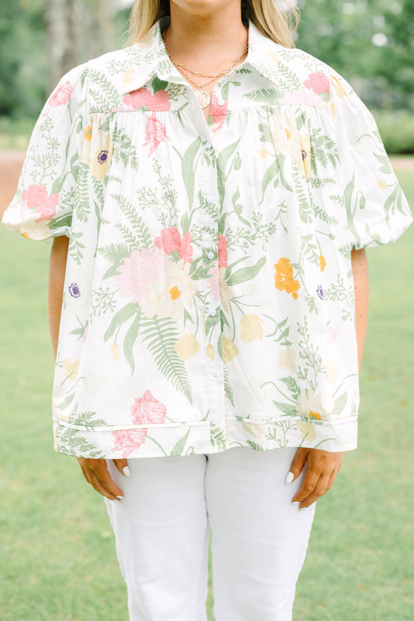 Plus Size cream button-down top with a floral print, puff sleeves, and a collared neckline.