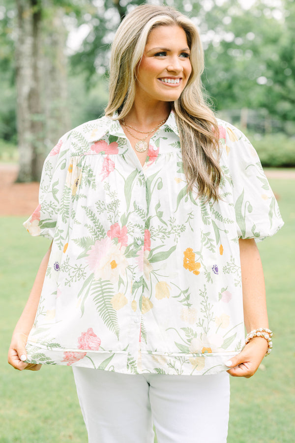 Plus Size cream button-down top with a floral print, puff sleeves, and a collared neckline.