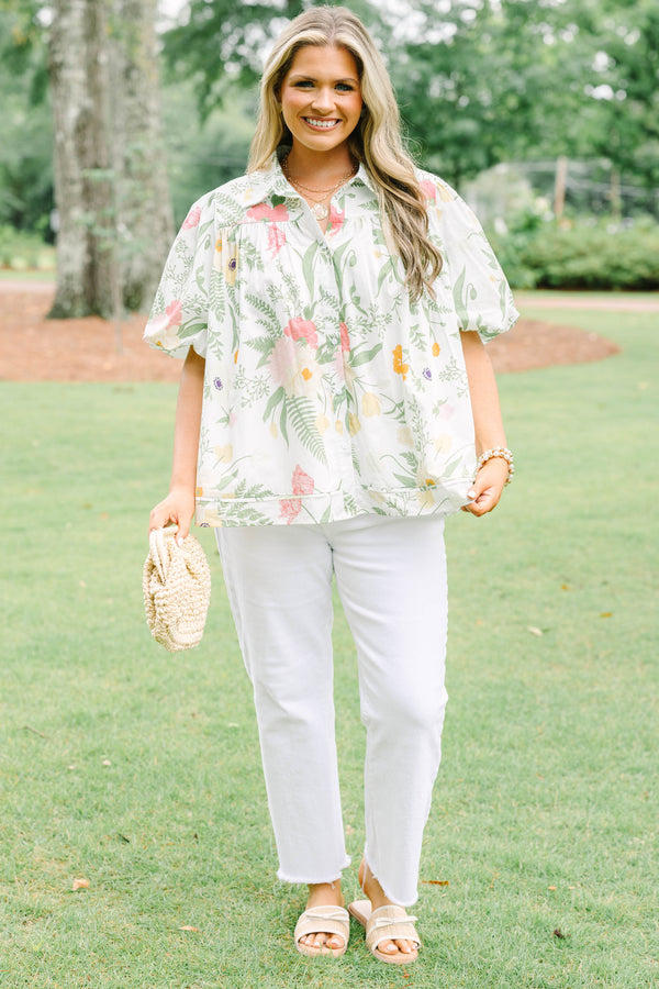 Plus Size cream button-down top with a floral print, puff sleeves, and a collared neckline.