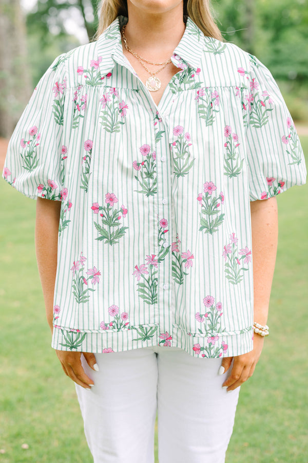 Plus Size mint green striped button-down top with pink floral print and short puff sleeves.