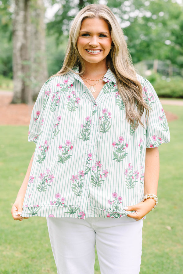 Plus Size mint green striped button-down top with pink floral print and short puff sleeves.