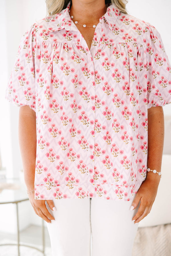 Plus Size pink floral button-down top with puff sleeves and a subtle chevron pattern.