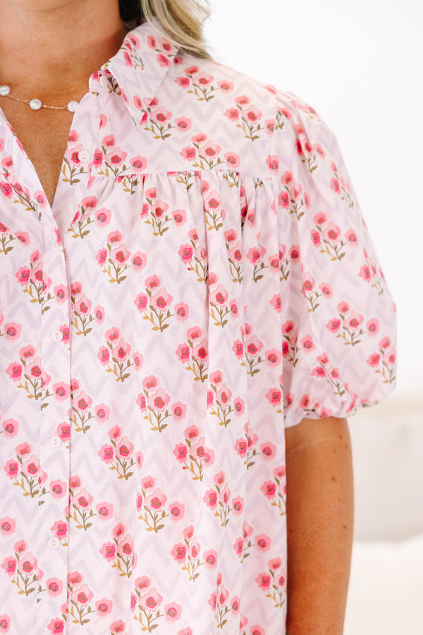 Plus Size pink floral button-down top with puff sleeves and a subtle chevron pattern.