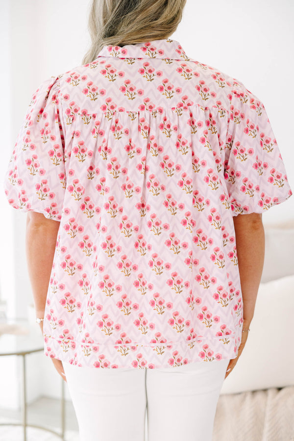 Plus Size pink floral button-down top with puff sleeves and a subtle chevron pattern.