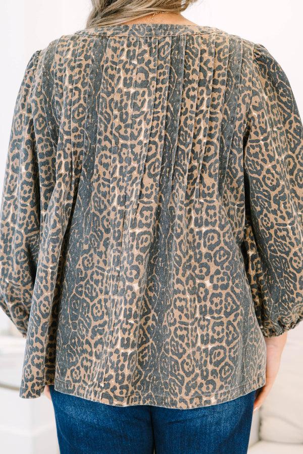 Plus Size leopard print cotton top with a tie-neck, long balloon sleeves, and a relaxed fit.