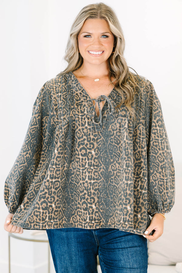 Plus Size leopard print cotton top with a tie-neck, long balloon sleeves, and a relaxed fit.