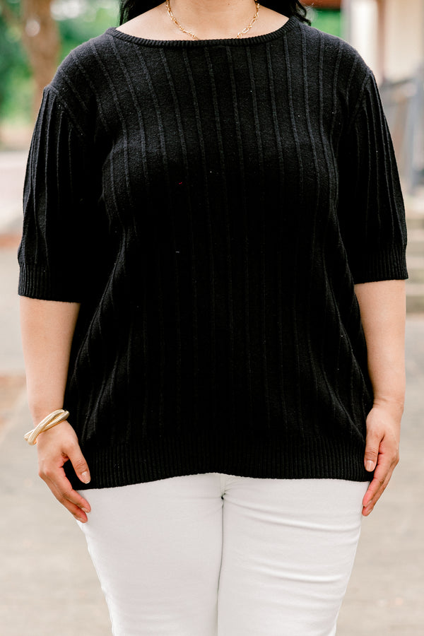 Chic Soul plus size clothing, black elbow length sleeve knit cable knit pattern top with round neckline and cuff sleeves
