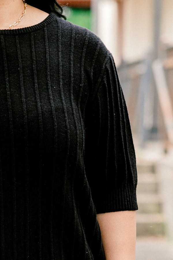 Chic Soul plus size clothing, black elbow length sleeve knit cable knit pattern top with round neckline and cuff sleeves