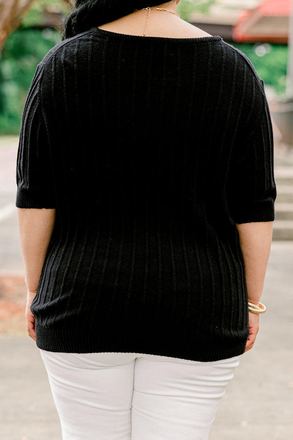 Chic Soul plus size clothing, black elbow length sleeve knit cable knit pattern top with round neckline and cuff sleeves