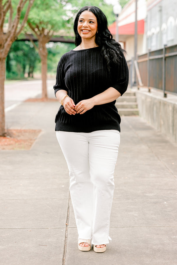 Chic Soul plus size clothing, black elbow length sleeve knit cable knit pattern top with round neckline and cuff sleeves