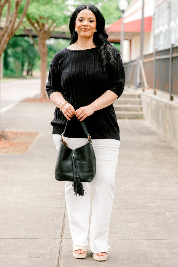 Chic Soul plus size clothing, black elbow length sleeve knit cable knit pattern top with round neckline and cuff sleeves