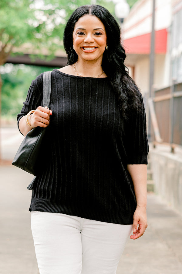 Chic Soul plus size clothing, black elbow length sleeve knit cable knit pattern top with round neckline and cuff sleeves