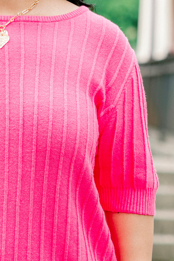 Chic Soul plus size clothing, hot pink half sleeve scoop neck ribbed basic top