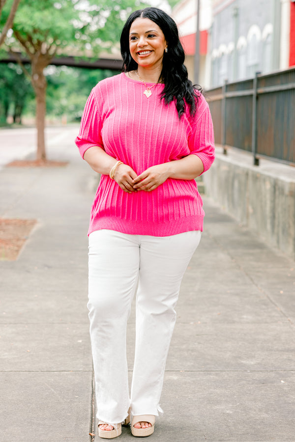 Chic Soul plus size clothing, hot pink half sleeve scoop neck ribbed basic top