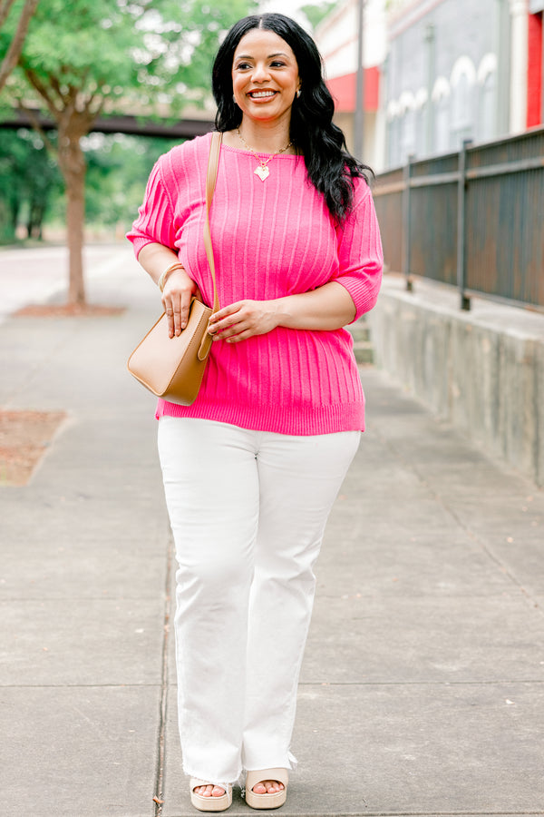 Chic Soul plus size clothing, hot pink half sleeve scoop neck ribbed basic top