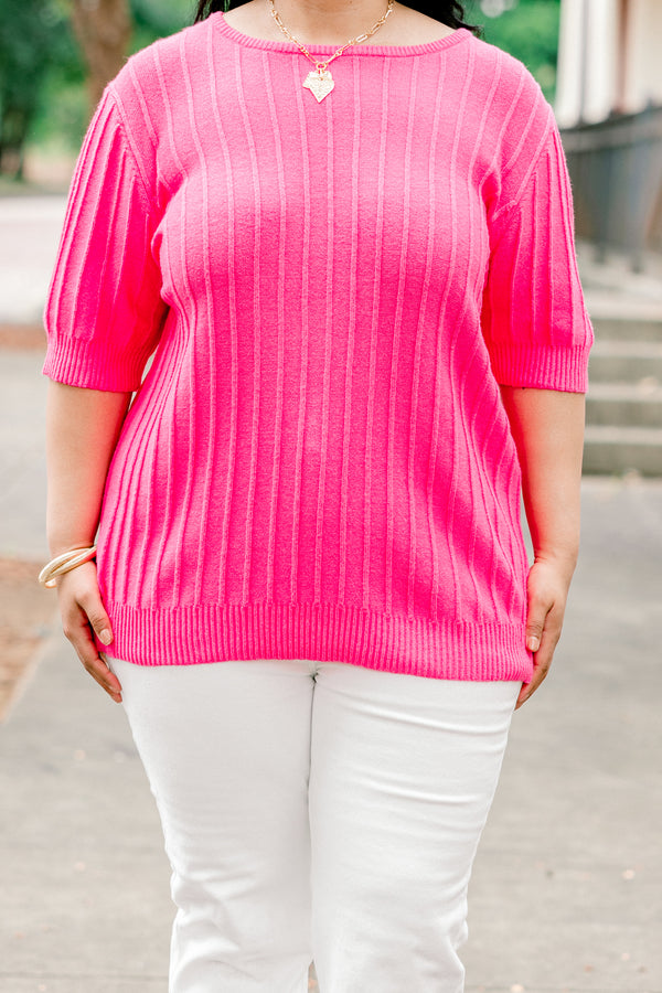 Chic Soul plus size clothing, hot pink half sleeve scoop neck ribbed basic top