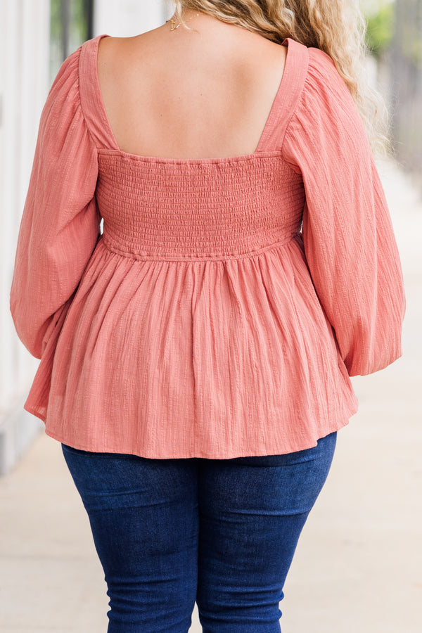 Chic Soul plus size clothing, puffed long-sleeve peach baby doll top with square-neckline 