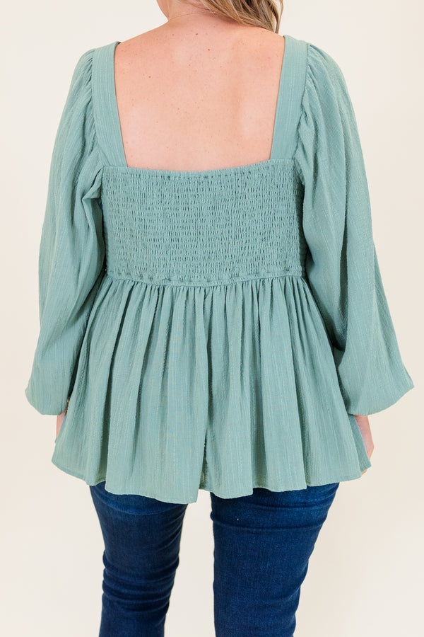 Chic Soul plus size clothing, seafoam long sleeve peplum top with square neckline and cuffed puff sleeves