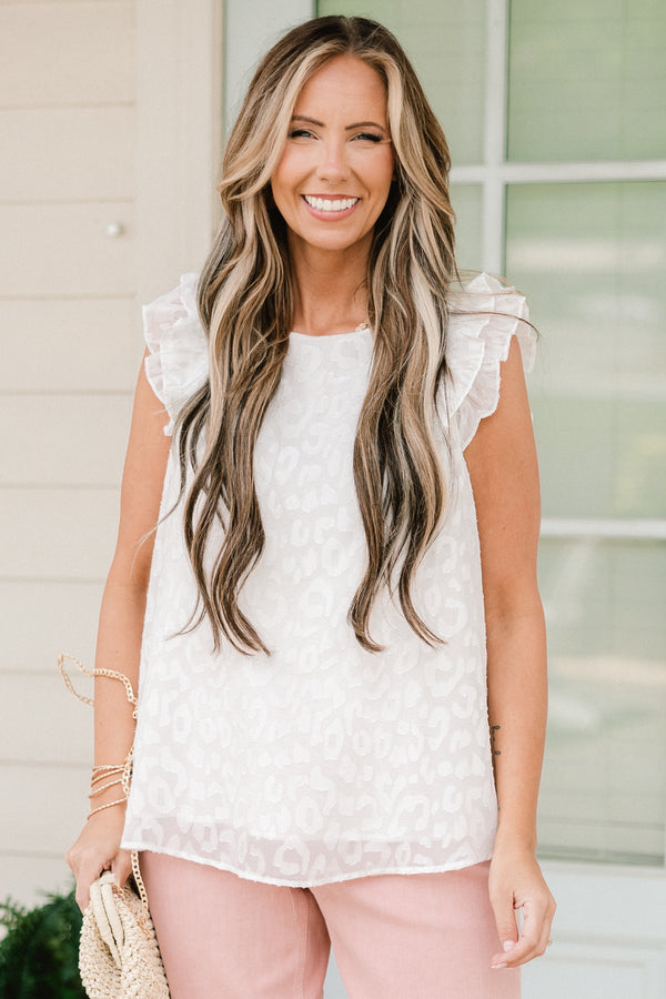 Chic Soul plus size clothing, white animal print sleeveless top with ruffle detailing