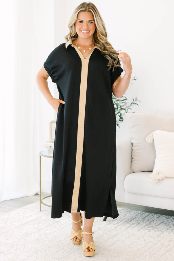 Plus Size black midi dress featuring a tan collar, V-neckline, and a vertical tan stripe detail.