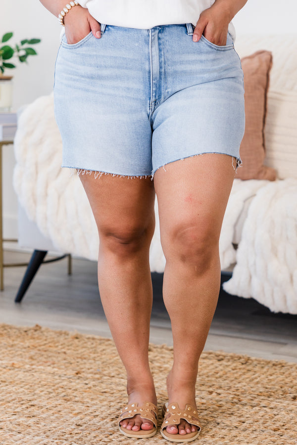 Chic Soul plus size clothing, light wash denim shorts with raw edge