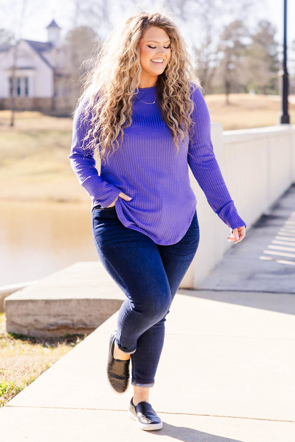 Chic Soul plus size clothing, ribbed long sleeve purple top with scoop bottom with button detail on back