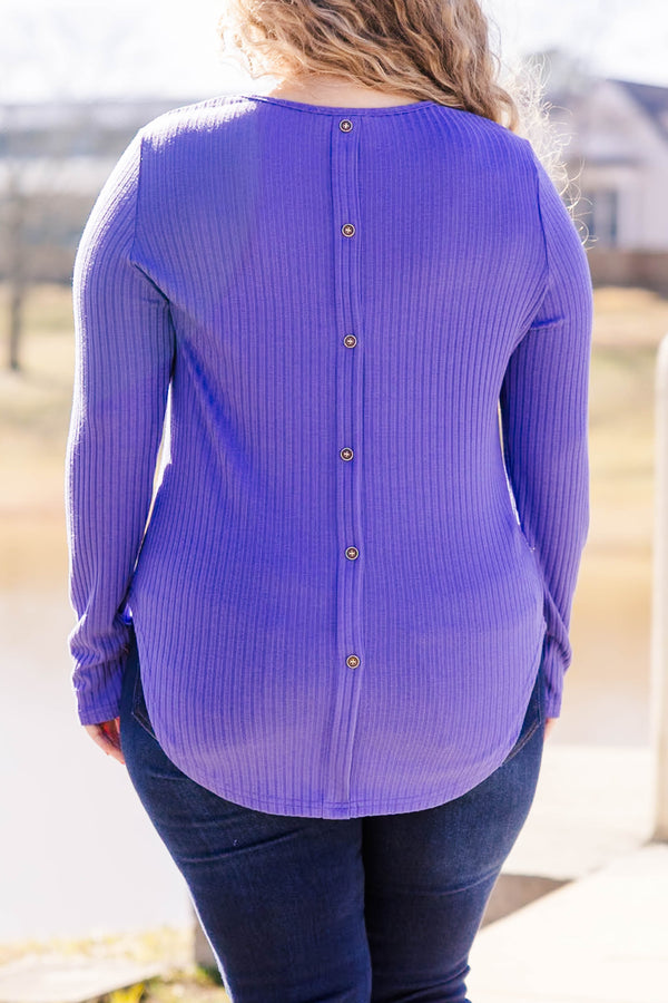 Chic Soul plus size clothing, ribbed long sleeve purple top with scoop bottom with button detail on back