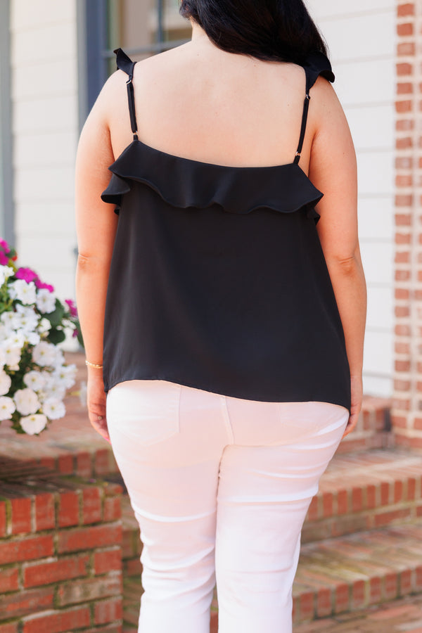 Chic Soul plus size clothing, black flowy tank with ruffles on neckline and flutter sleeves