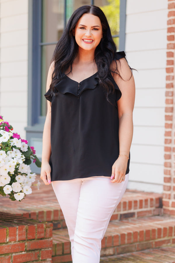Chic Soul plus size clothing, black flowy tank with ruffles on neckline and flutter sleeves